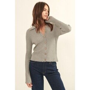 Lila Gray Self Button Ribbed Knit Cardigan